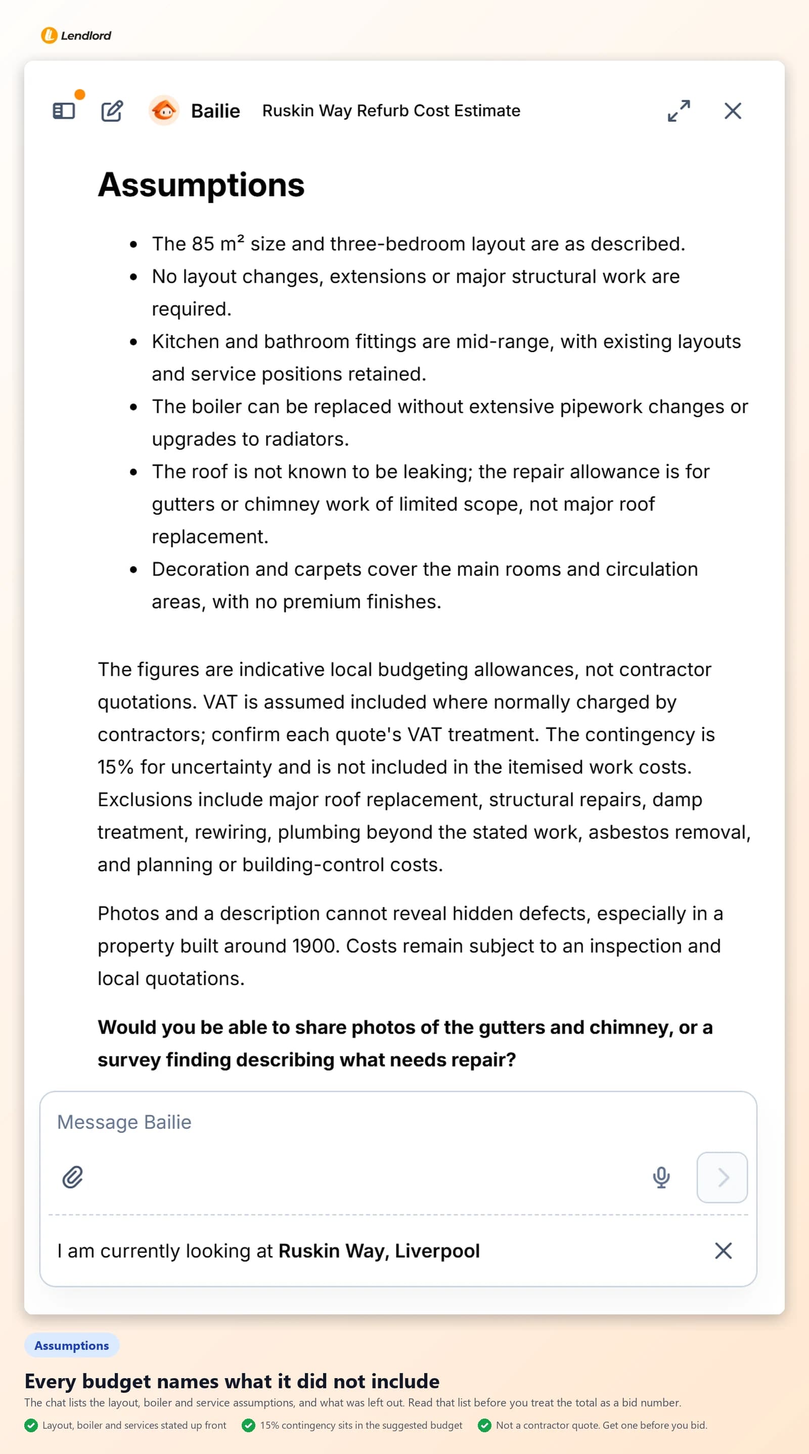 Assumptions list for a refurb estimate, covering layout, boiler, services and what the budget left out