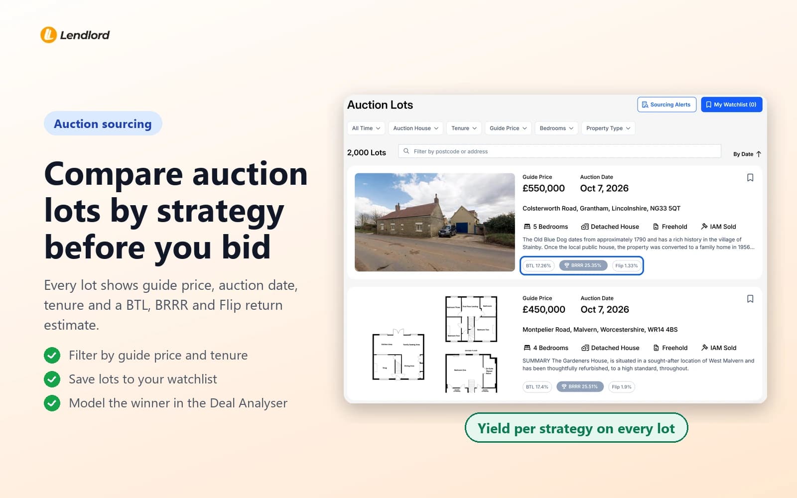 Lendlord Auction Lots screen listing guide price, auction date, tenure and BTL, BRRR and Flip yield chips