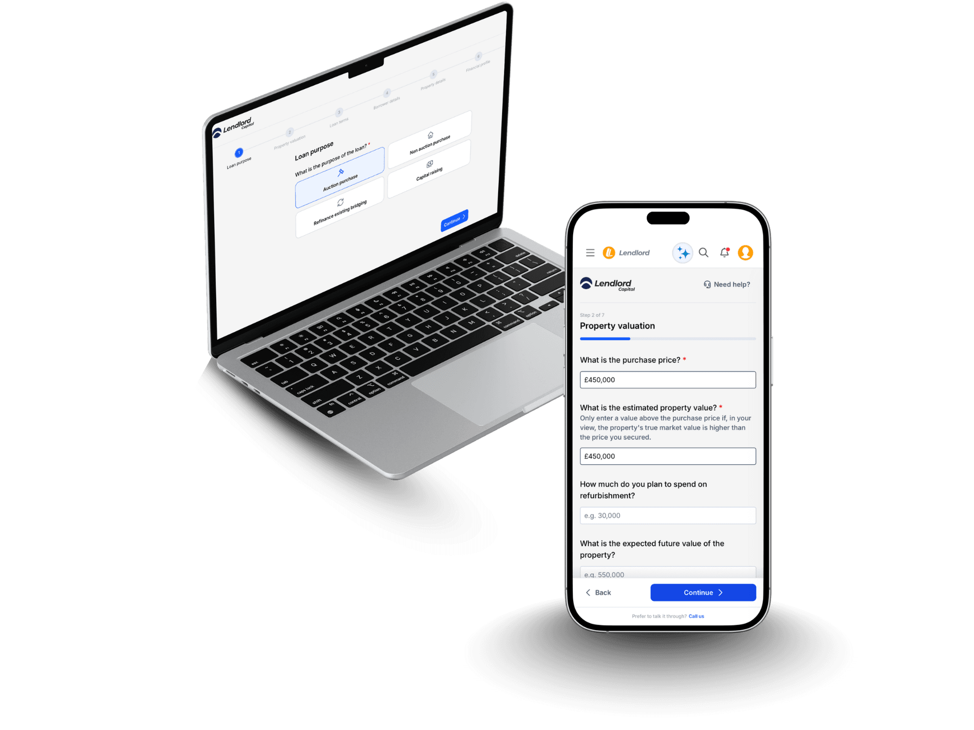 Lendlord bridging finance application on a phone