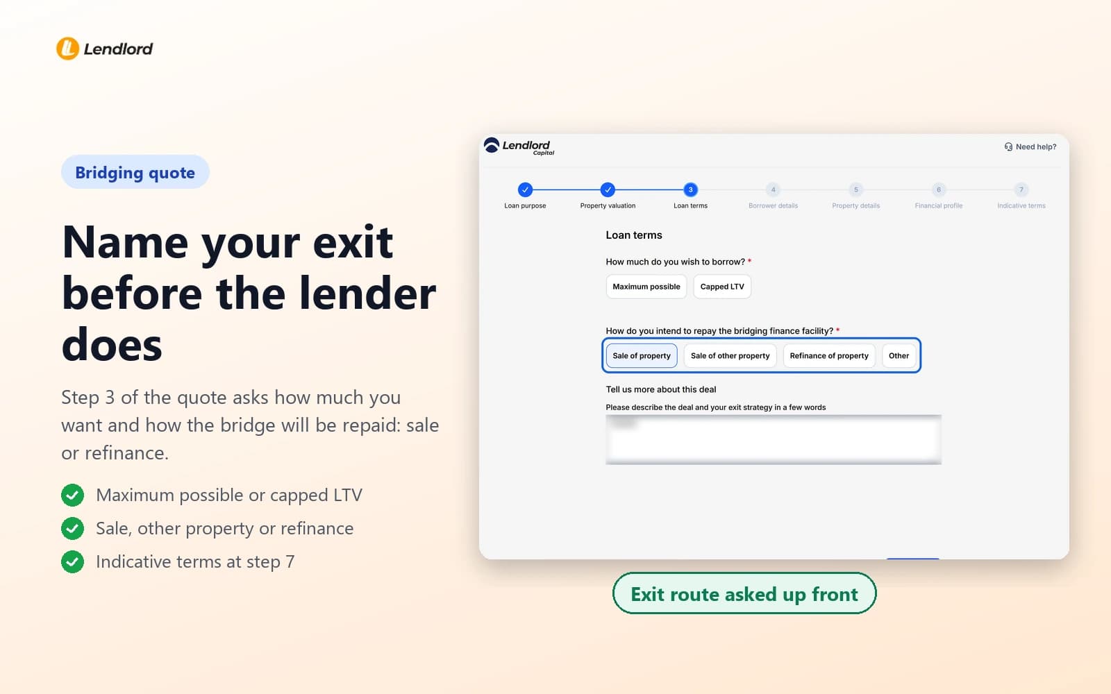 Lendlord bridging quote wizard on the loan terms step with borrowing choice and repayment route options