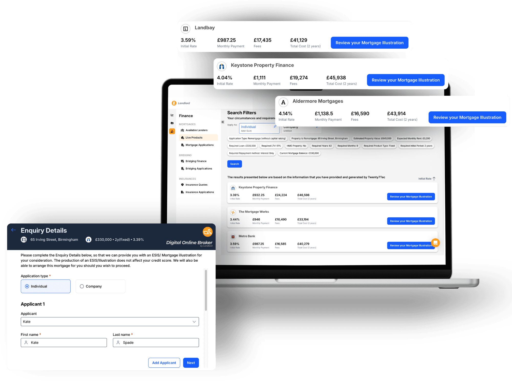 Lendlord live mortgage products with real-time rates and fees