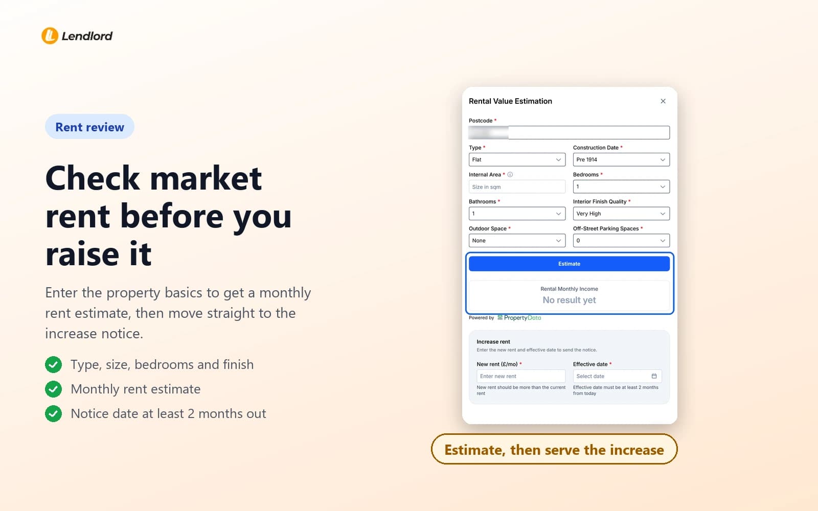 Rental Value Estimation drawer asking for property type before the rent figure