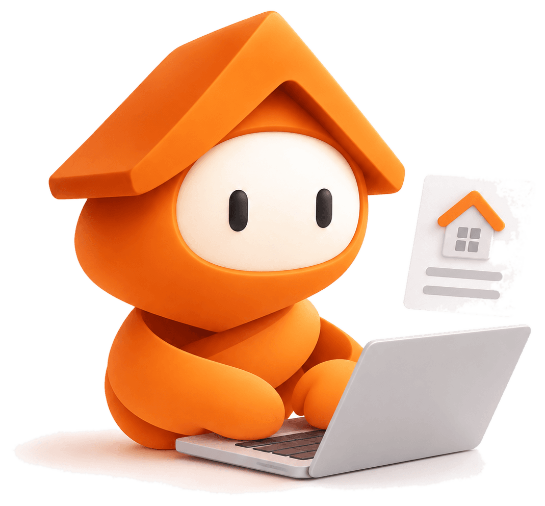 Bailie, the orange roof character, working on a laptop