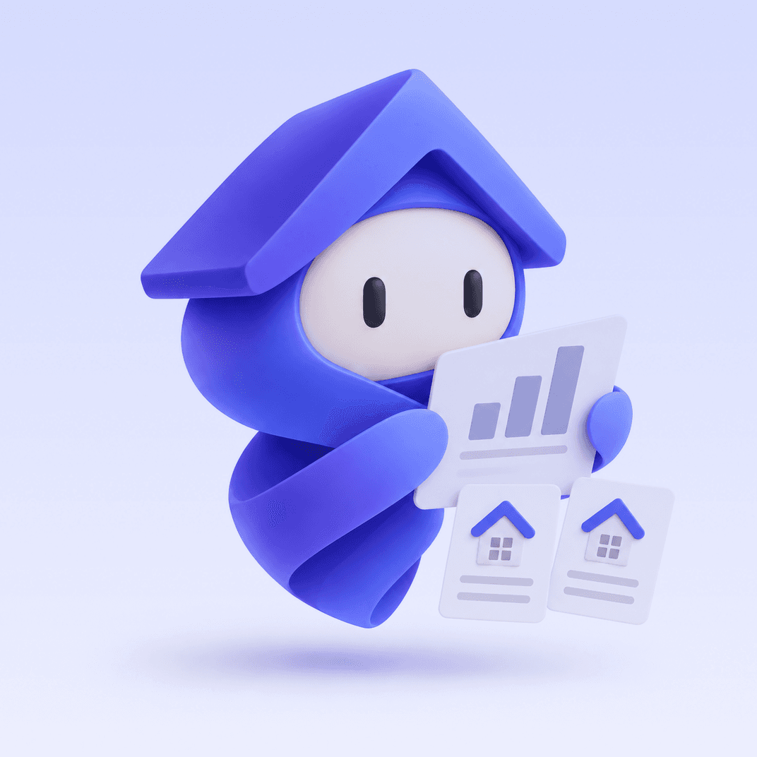 Bailie in violet, reviewing deal charts and shortlisted properties