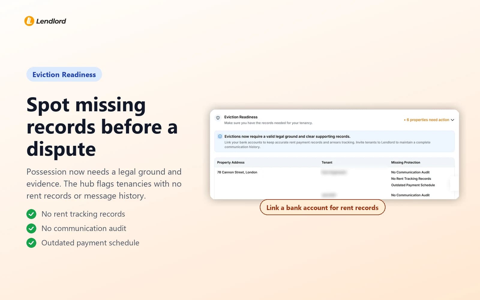 Eviction Readiness card flagging a tenancy with no communication audit, no rent tracking records and an outdated payment schedule