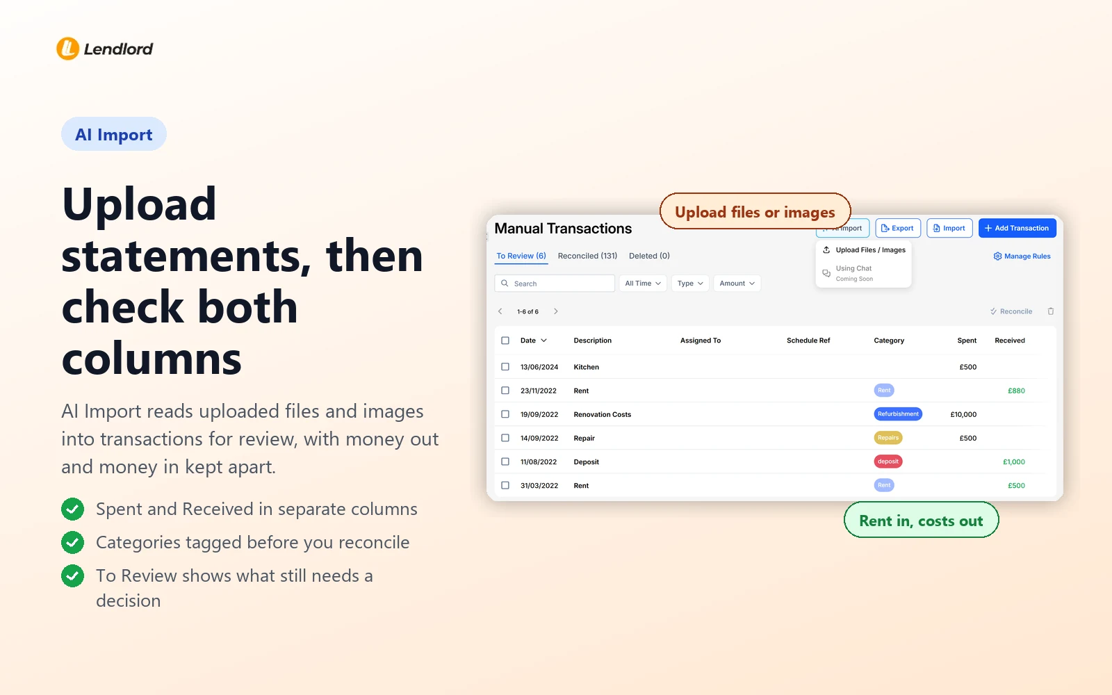 Upload statements, then check both columns: Lendlord Manual Transactions with the AI Import menu open on Upload Files / Images, above rent, repair and renovation lines in Spent and Received columns