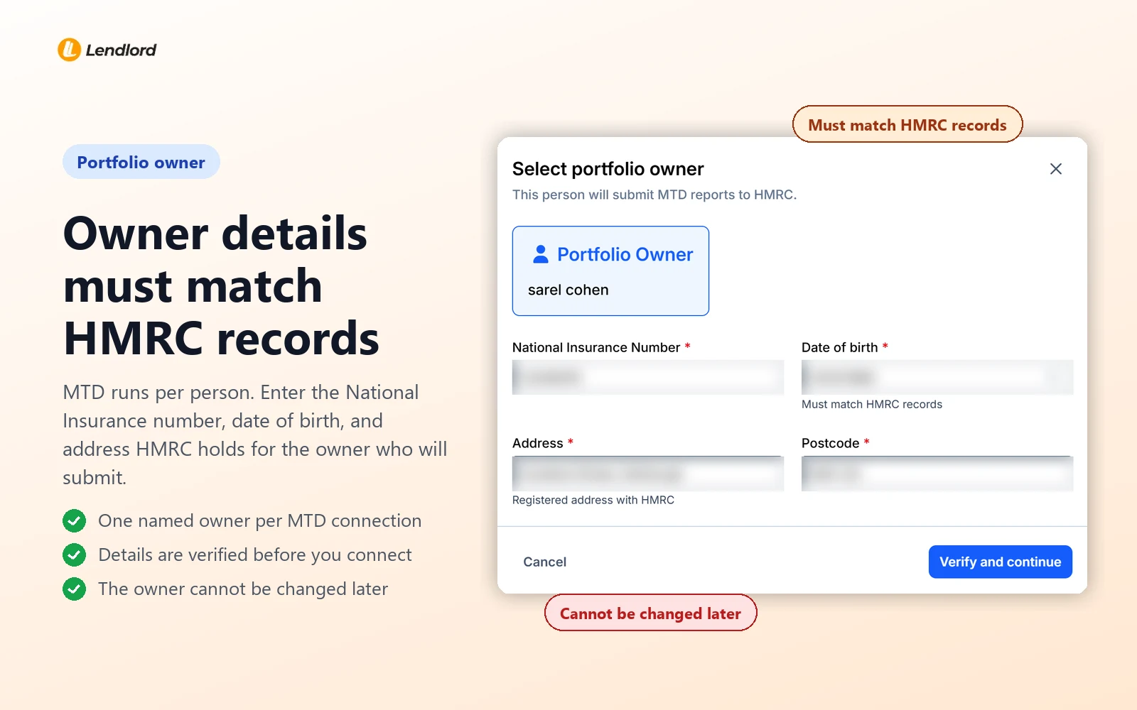 Owner details must match HMRC records: Lendlord Select portfolio owner window asking for National Insurance number, date of birth, address and postcode, with the values blurred