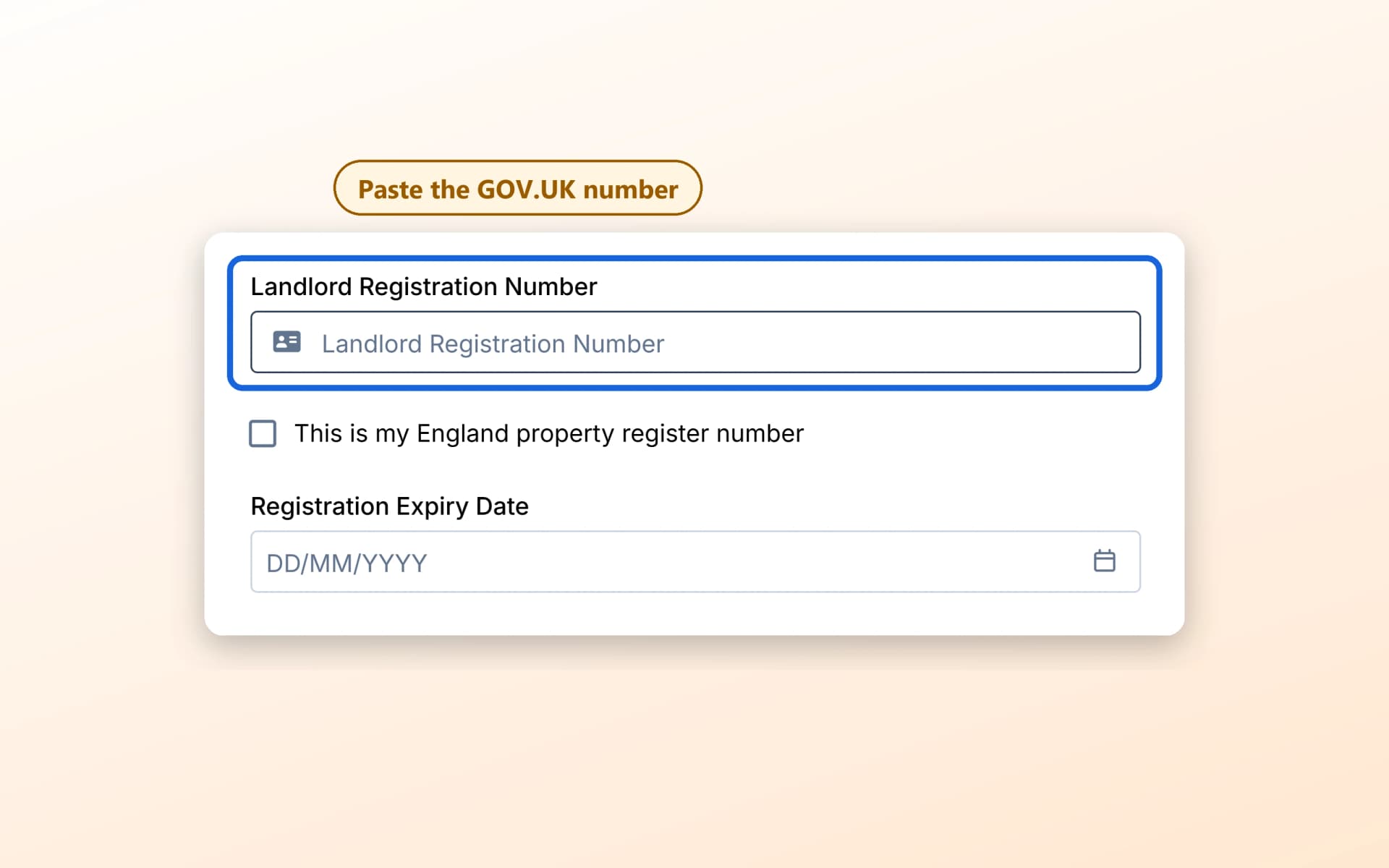 Close-up of the Landlord Registration Number field, the property register number checkbox and the Registration Expiry Date field