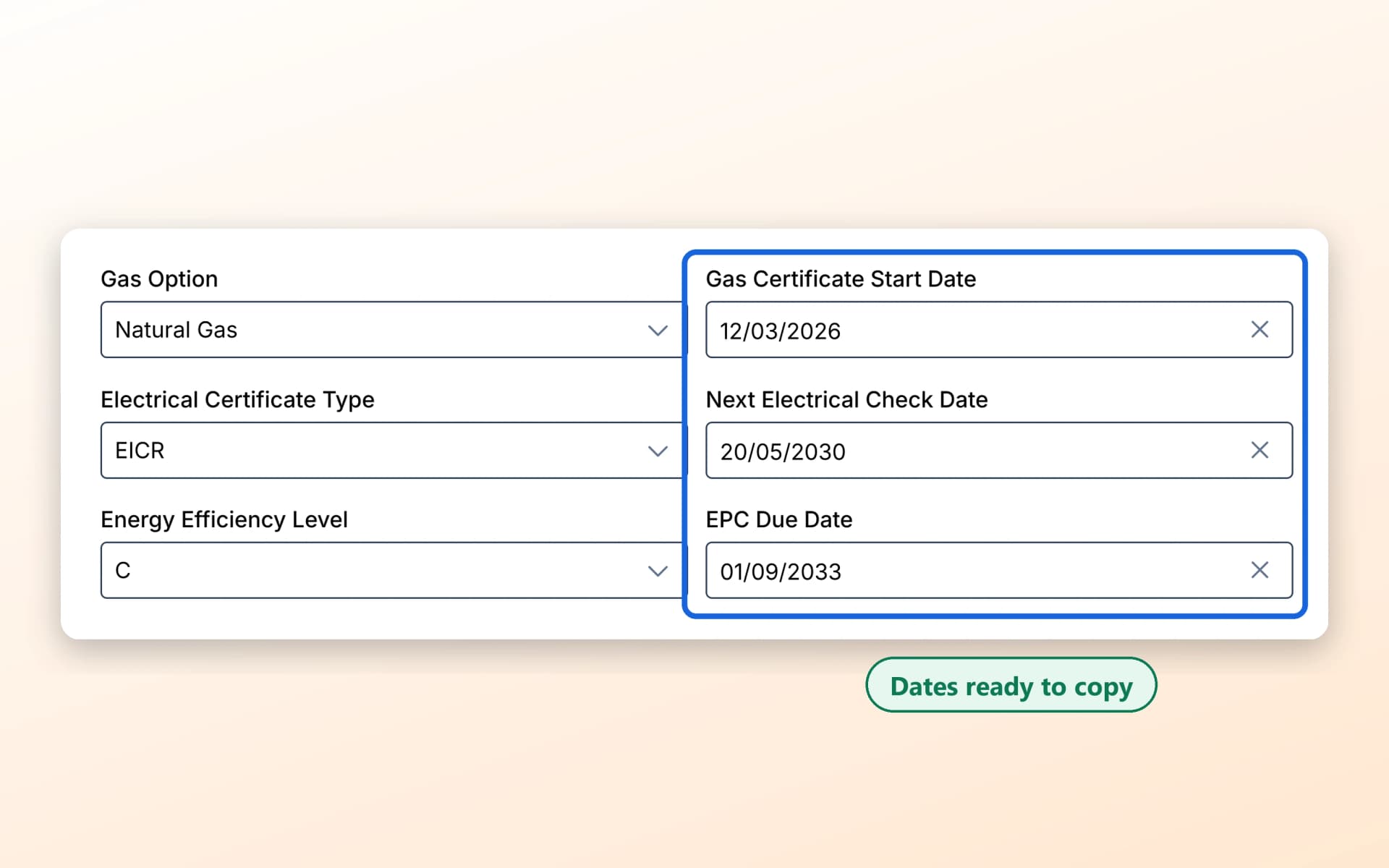 Close-up of the safety fields: natural gas with a 12/03/2026 certificate date, EICR next check 20/05/2030 and EPC C due 01/09/2033