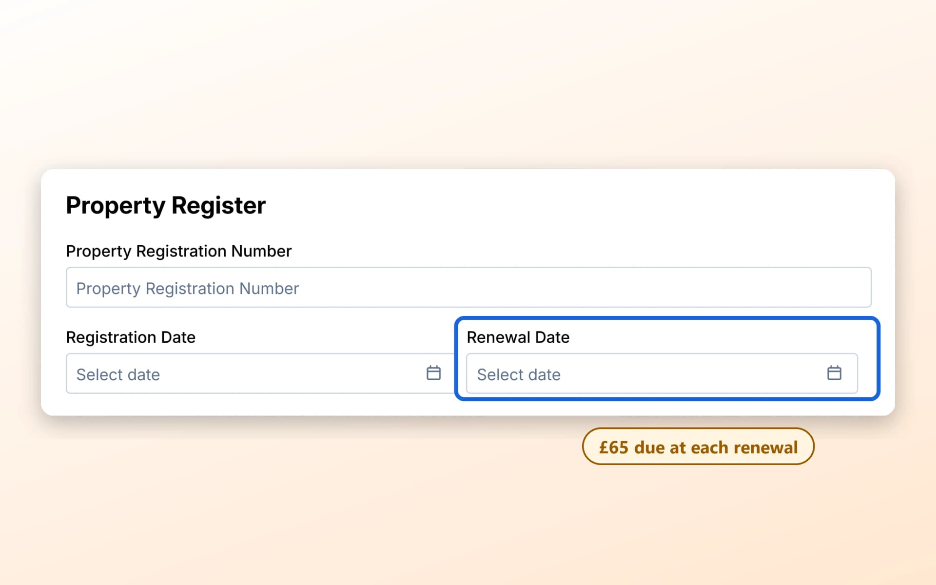 Close-up of the Property Register fields on a property record: registration number, registration date and the highlighted renewal date
