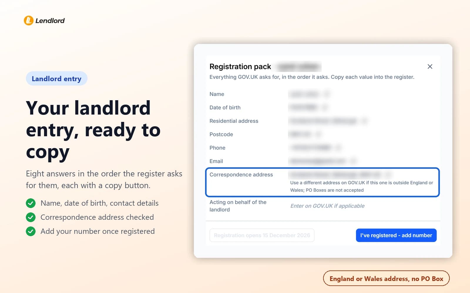 Lendlord Registration pack window listing name, date of birth, residential address, postcode, phone, email, correspondence address and acting on behalf, with personal values blurred