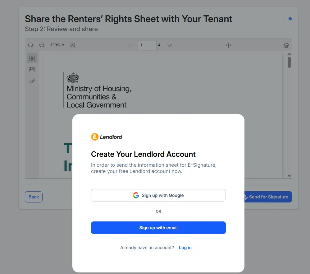 Create your Lendlord account prompt over the Information Sheet viewer, offering sign-up with Google or email