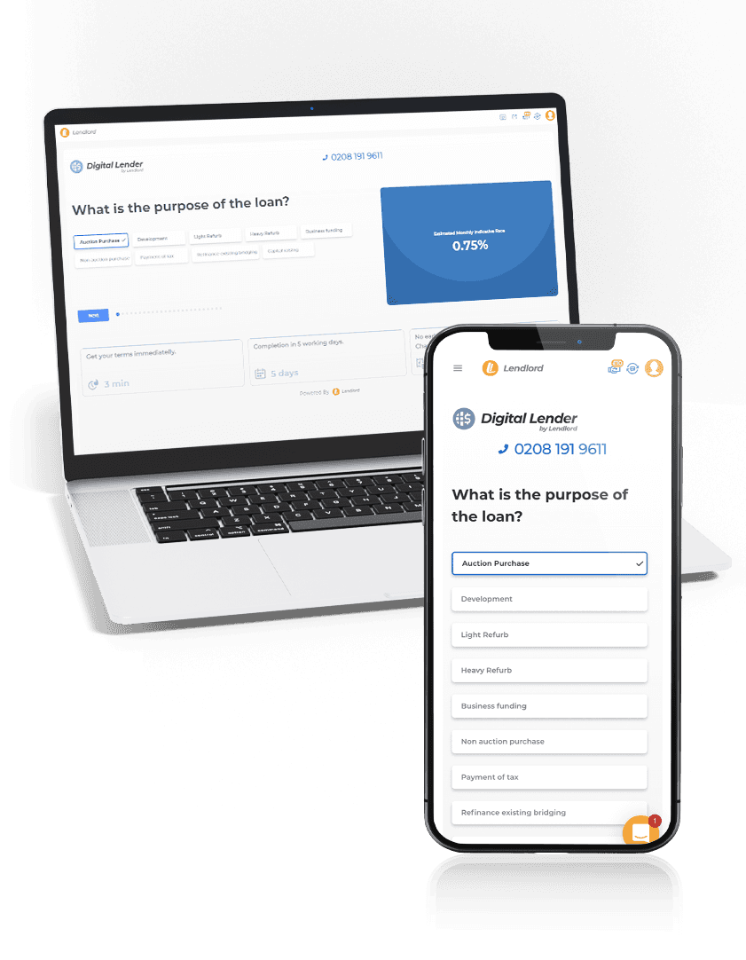 Lendlord bridging finance application on a phone