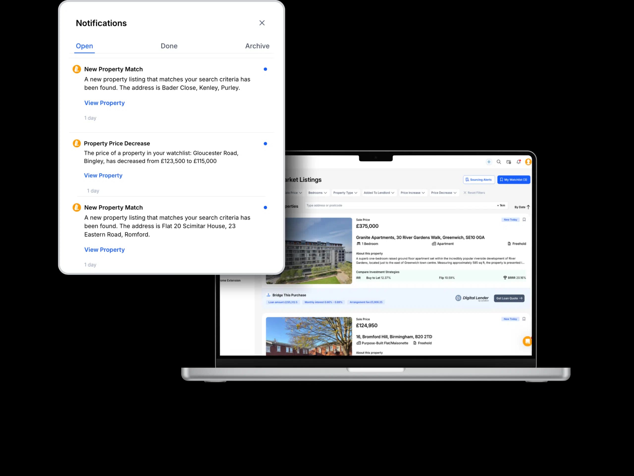 Lendlord sourcing alerts for properties matching investment criteria