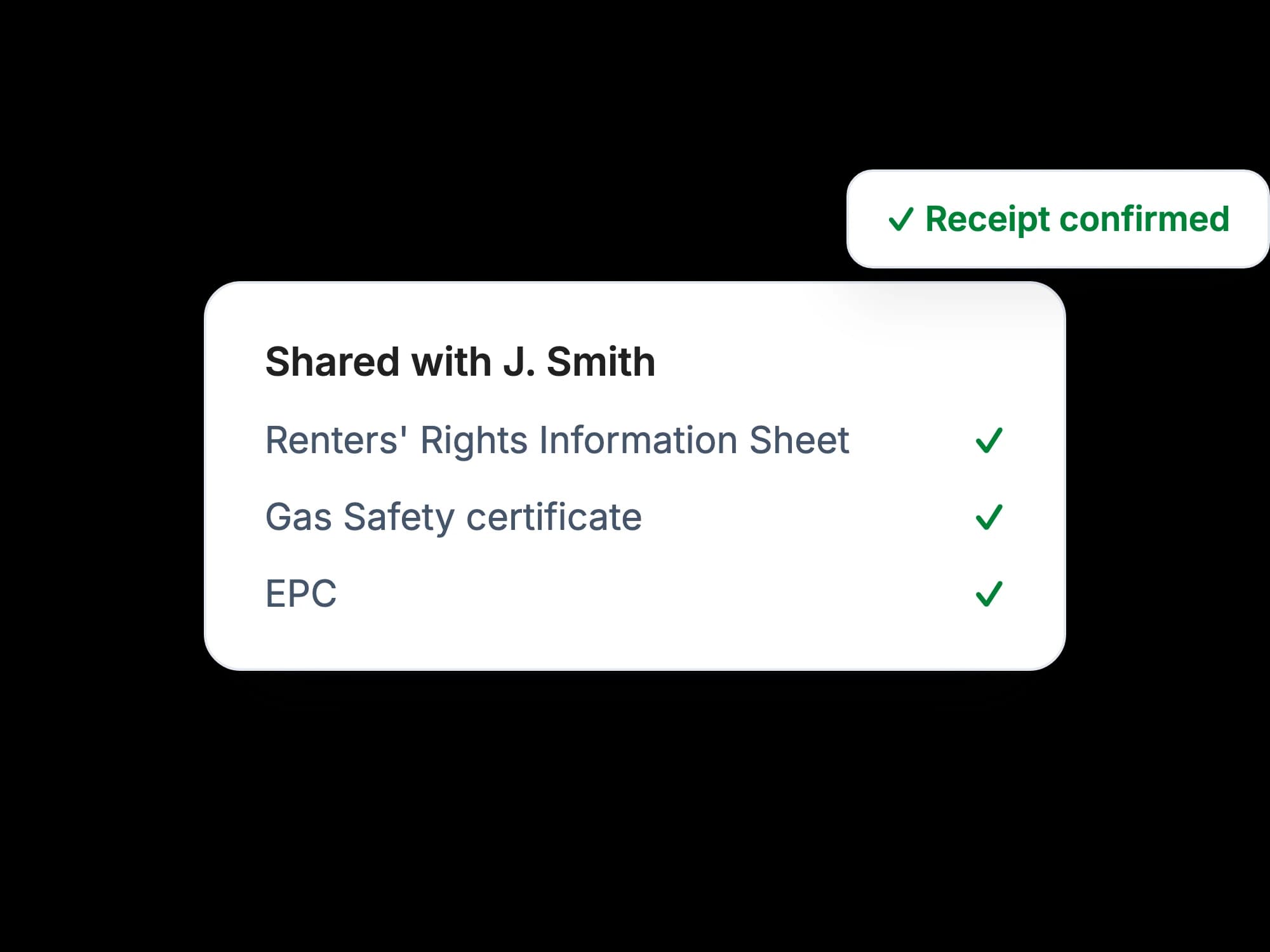 Certificates and the Renters' Rights Information Sheet shared with a tenant, receipt confirmed