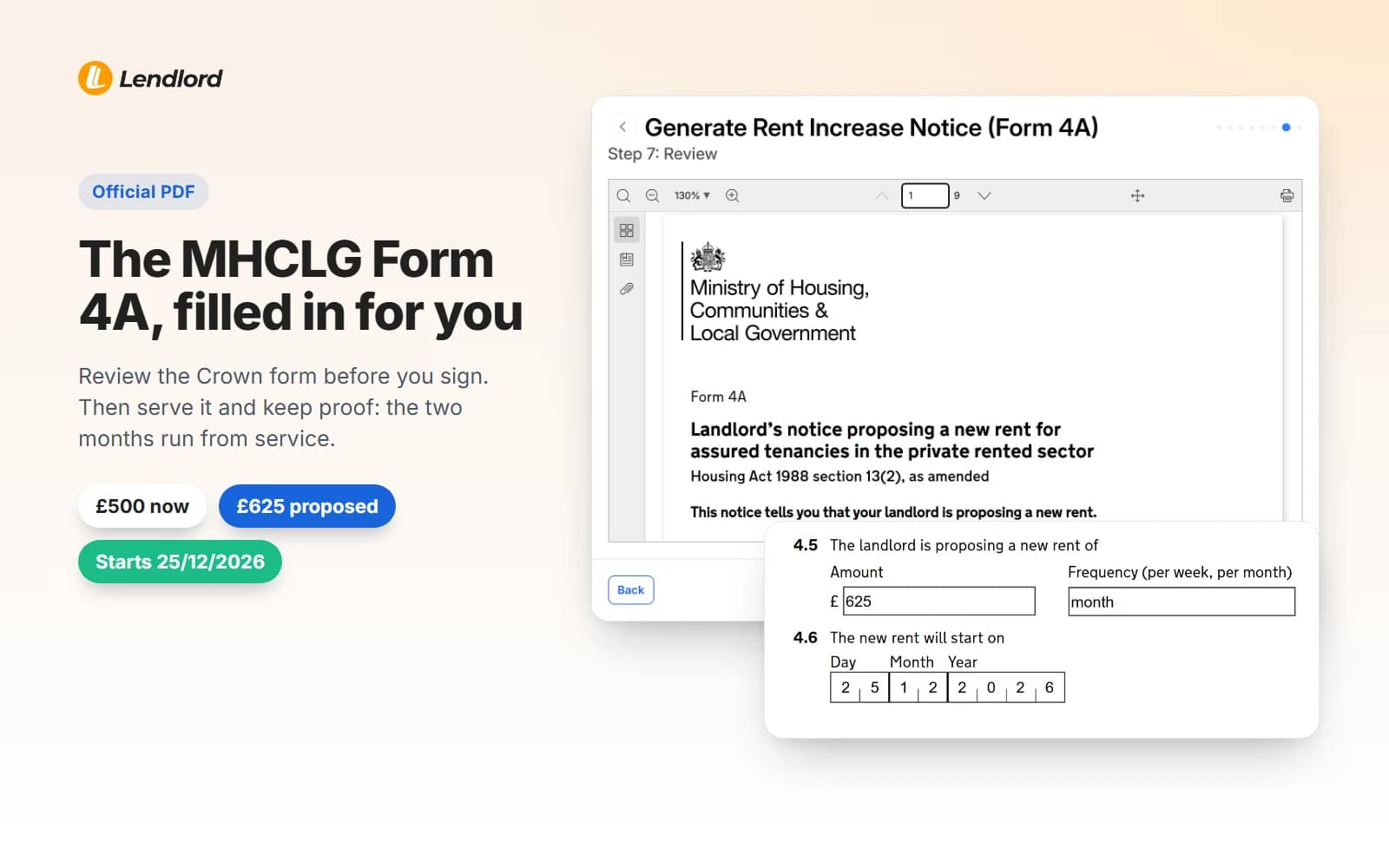 Official MHCLG Form 4A preview at the Lendlord review step, with question 4.5 showing £625 a month and question 4.6 showing 25 December 2026