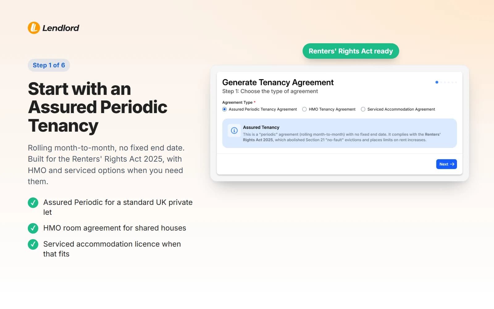 Lendlord tenancy agreement generator, first step, with Assured Periodic Tenancy Agreement selected and a Renters' Rights Act 2025 info box
