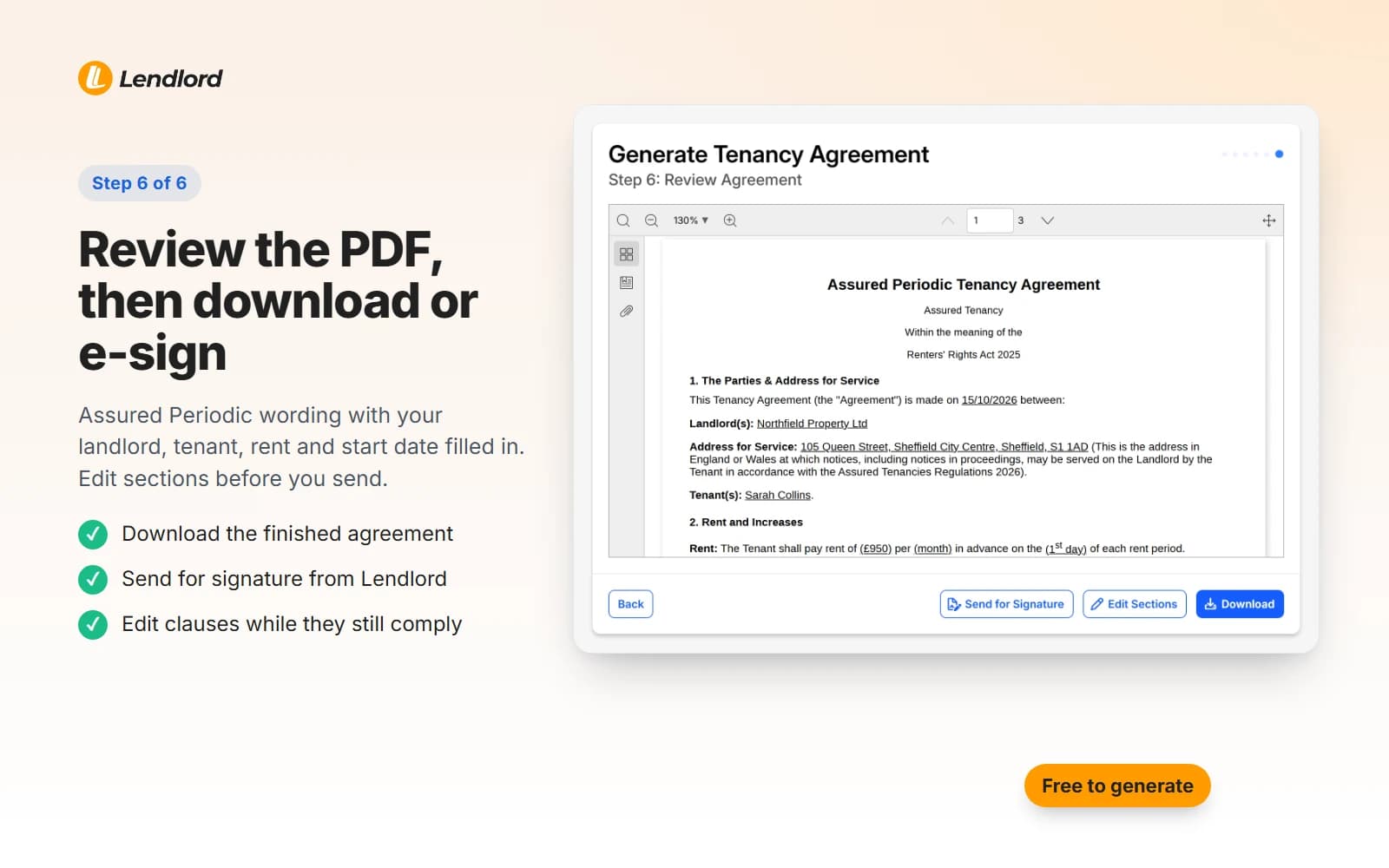 Completed Assured Periodic Tenancy Agreement PDF with Download, Edit Sections and Send for Signature buttons