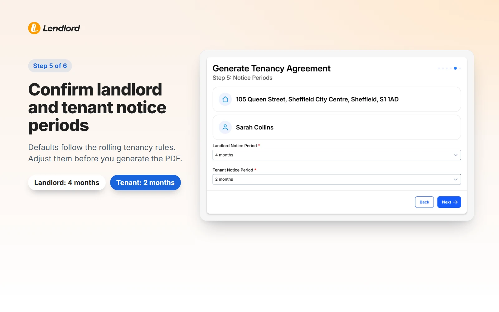 Notice periods step showing landlord notice of 4 months and tenant notice of 2 months