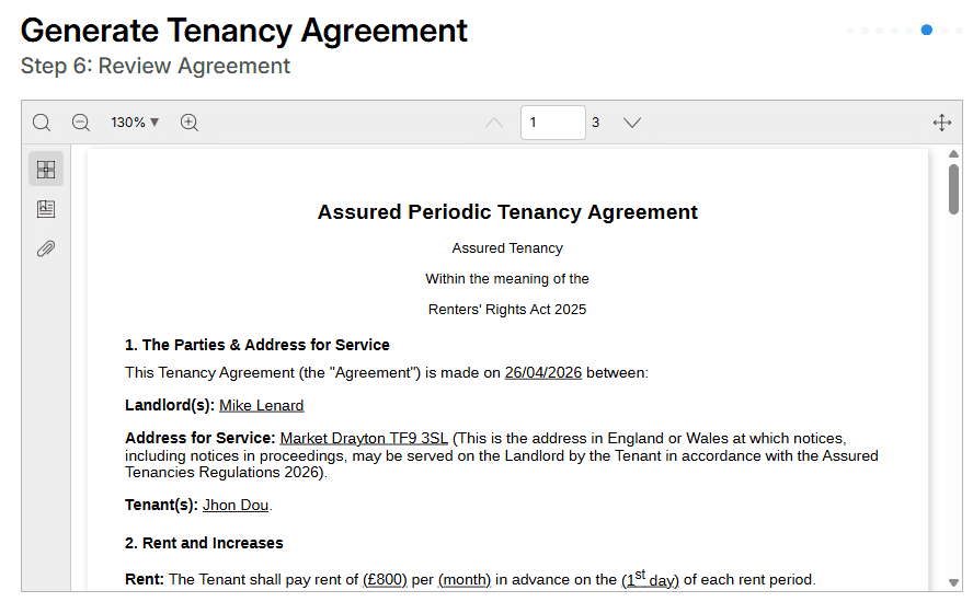 Generating an Assured Periodic Tenancy Agreement in Lendlord - step 6, review agreement