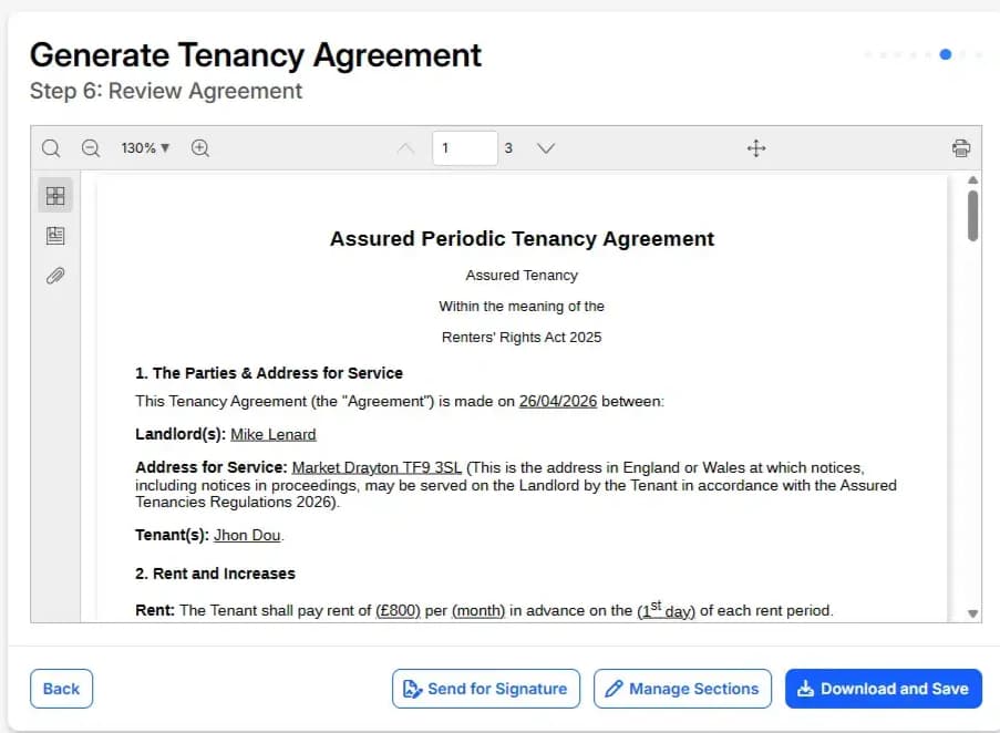 Reviewing a generated Assured Periodic Tenancy Agreement in Lendlord, ready to download or send for signature