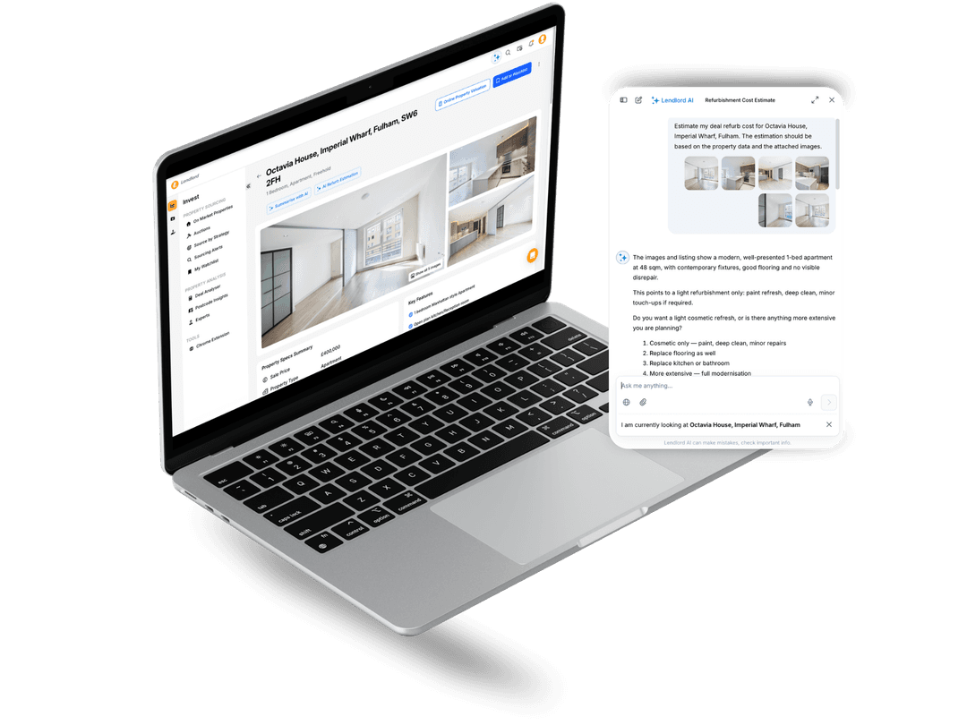 Lendlord property listing open in a laptop browser next to the Lendlord AI chat panel, which is estimating refurbishment costs for the apartment based on its photos and details.