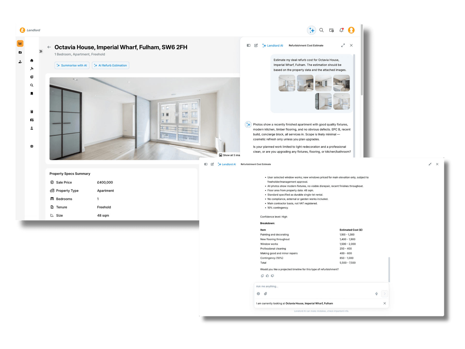 Lendlord AI chat panel asking whether the planned refurbishment is cosmetic only or includes upgrades to flooring, kitchen or bathroom, with multiple-choice answers.