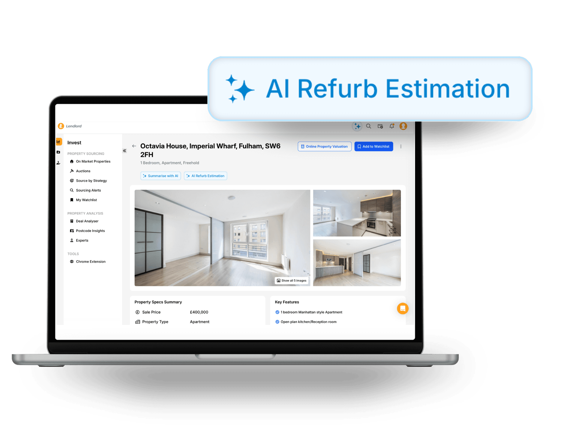 Lendlord property page for an apartment with the AI Refurb Estimation button highlighted above the listing photos.