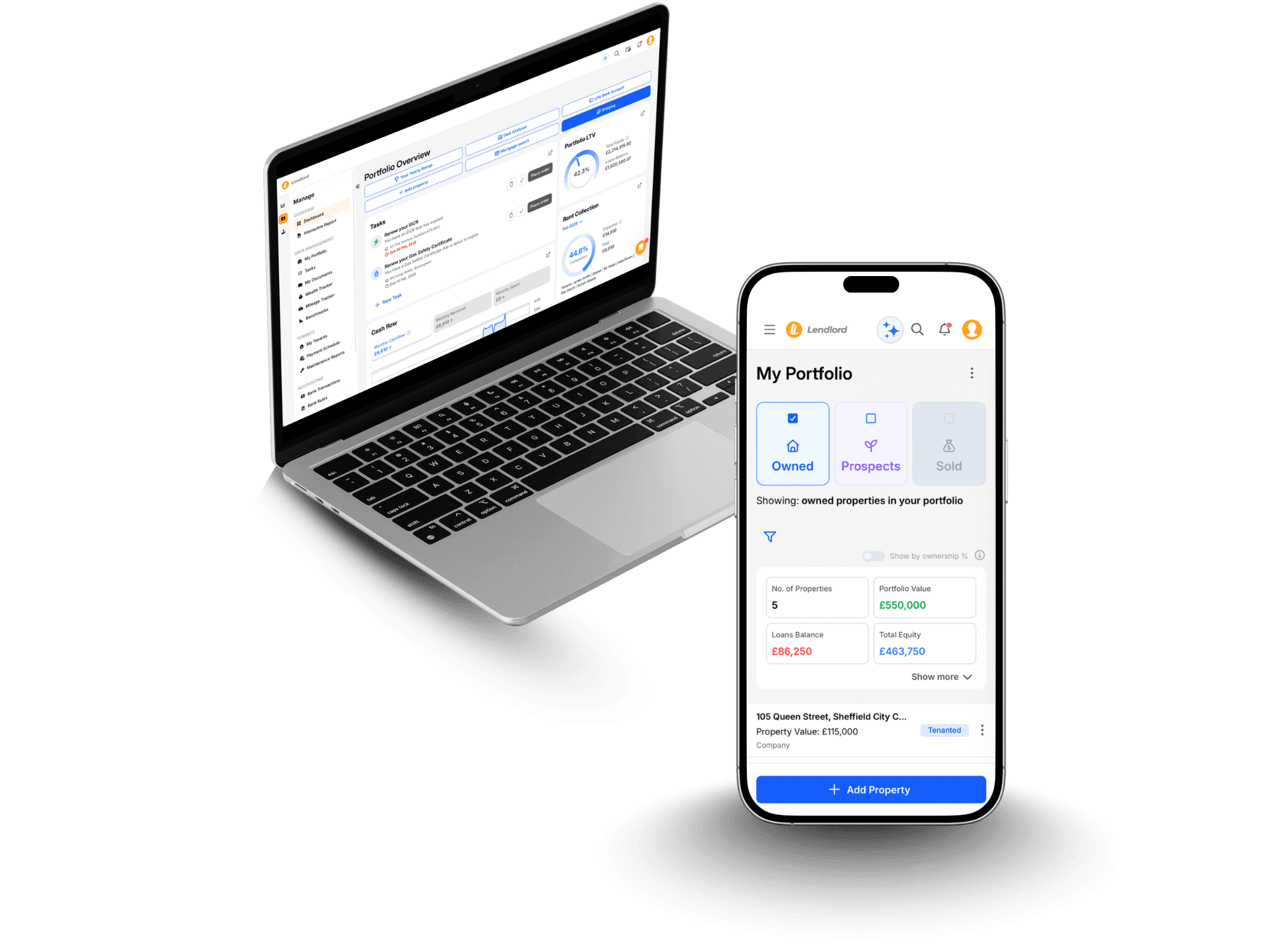 Lendlord portfolio dashboard with property values, equity and cash flow