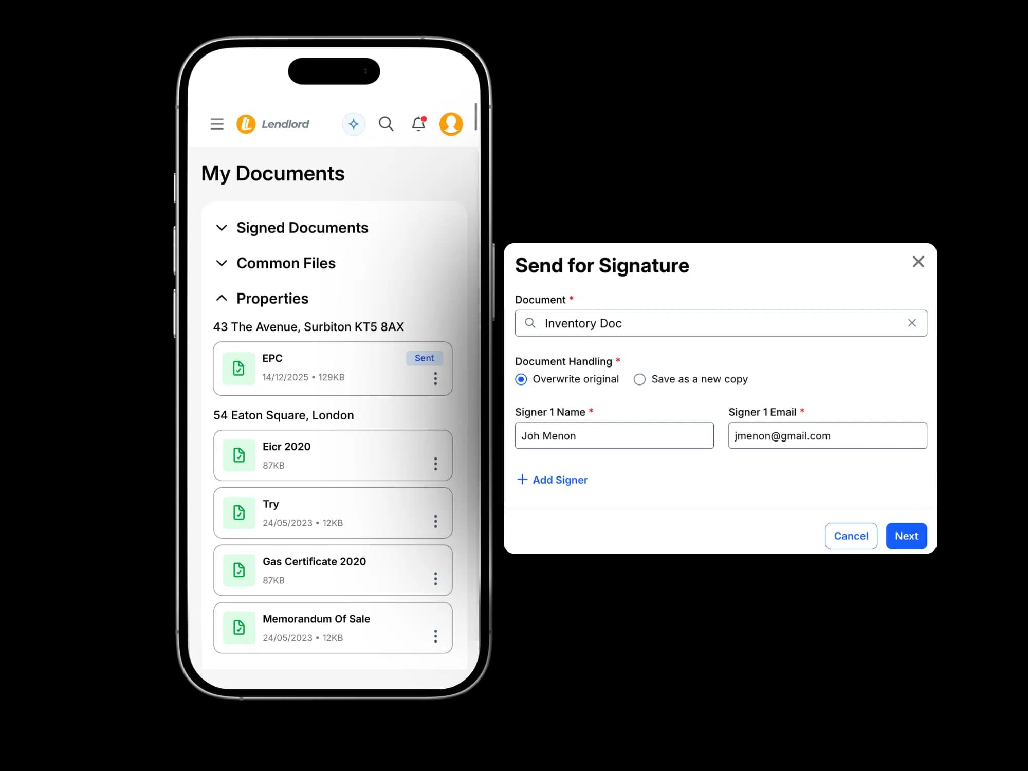 Lendlord e-signature flow for sending documents to sign digitally