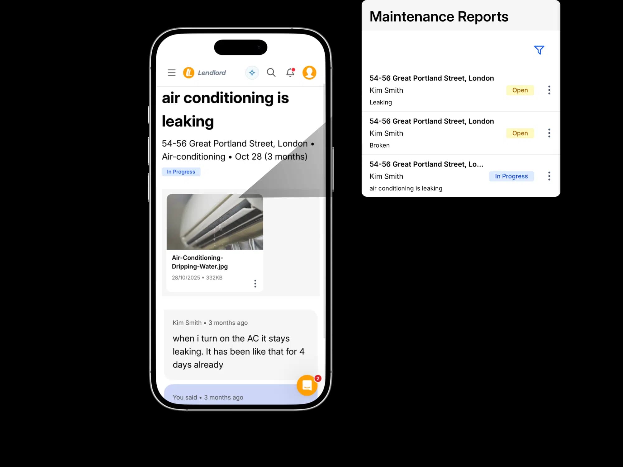 Lendlord tenant communications with maintenance requests and messages