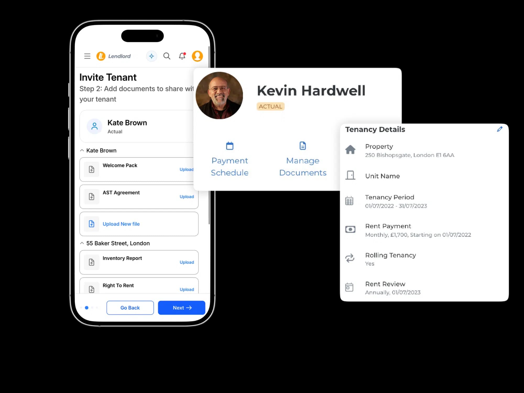 The Lendlord tenant app showing tenancy details and shared documents