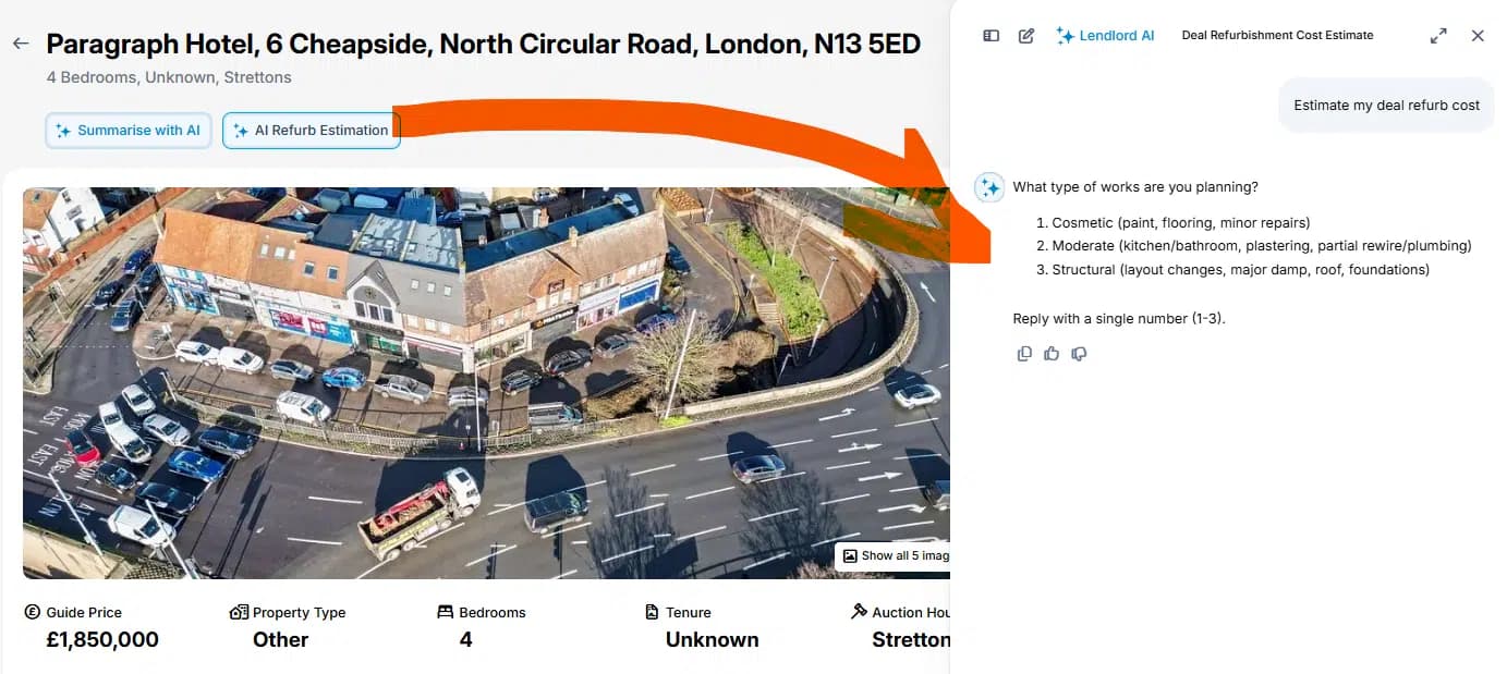 Lendlord AI asking what type of works are planned - cosmetic, moderate or structural - beside the property listing