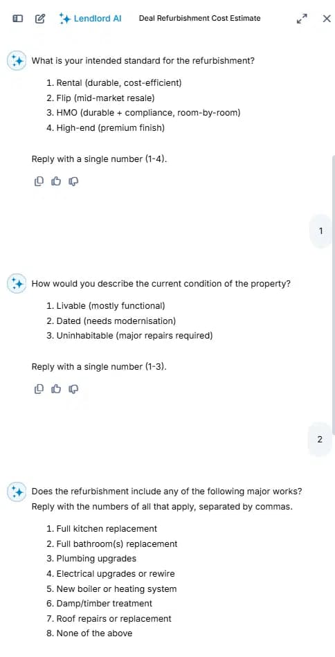 Lendlord AI asking the refurbishment standard, the property condition and which major works are included