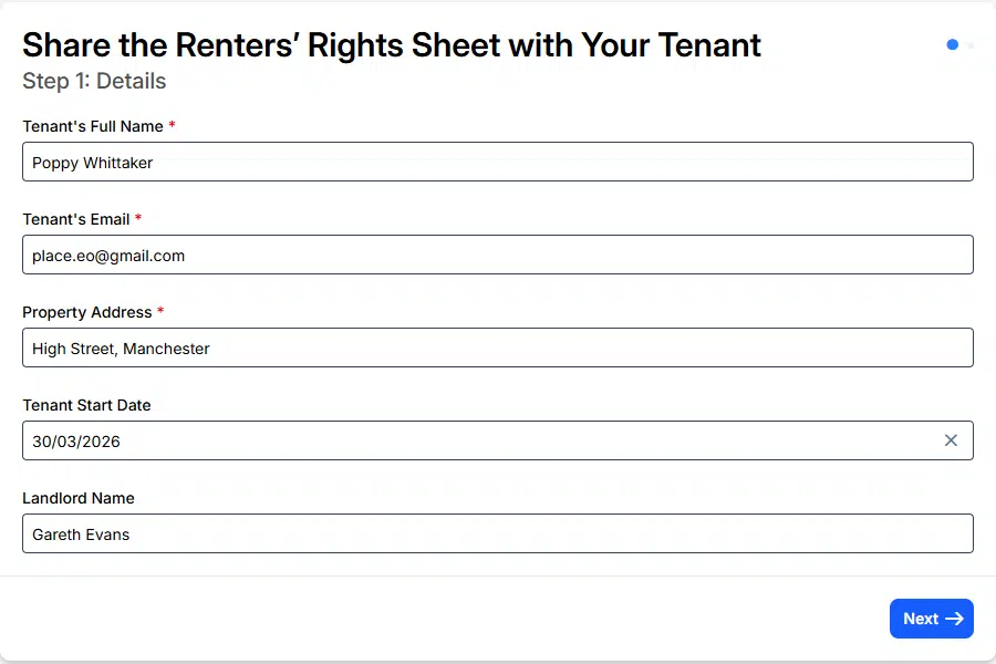 Lendlord's Share the Renters' Rights Sheet form, step 1: tenant name, email, property address, tenancy start date and landlord name