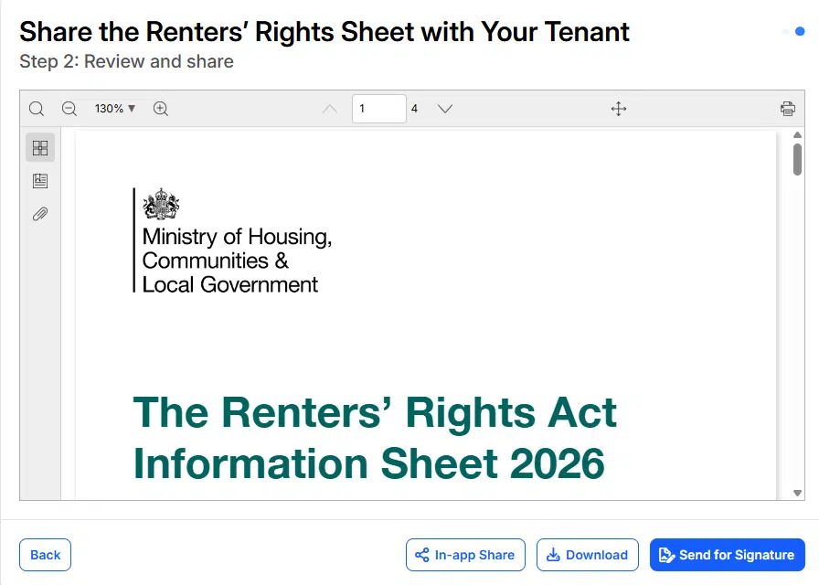 Step 2 of the tool: the Renters' Rights Act Information Sheet 2026 open in the viewer with In-app Share, Download and Send for Signature buttons