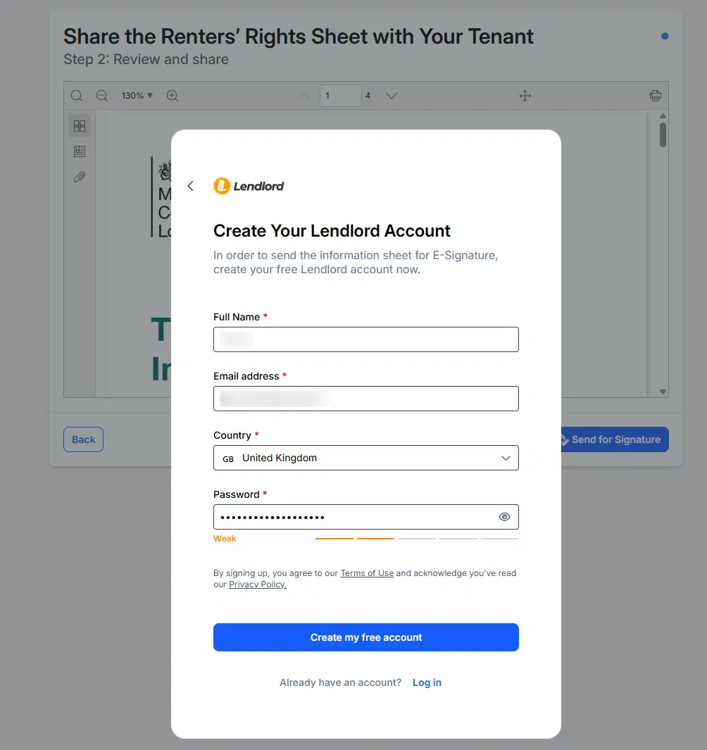 The Lendlord free account form: full name, email address, country and password