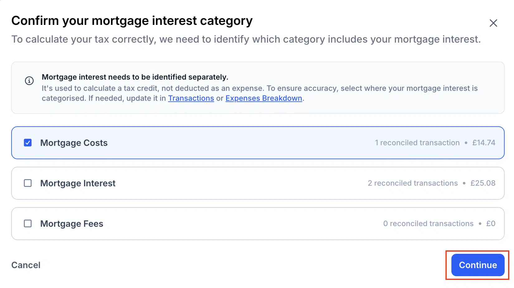9 Select The Category That Contains Your Mortgage Interest You Can Select Multiple Categories If You Need To Then Click Continue