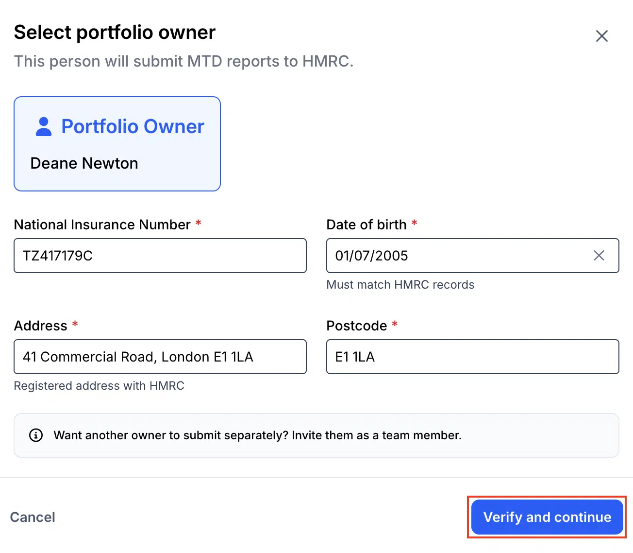 3 Verify The Portfolio Owner Details And Make Sure That The NINO National Insurance Number Is Correct Then Click Verify And Continue