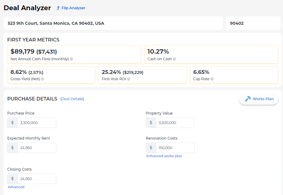 Property deal analyzer 523 9th St Santa Monica, CA 90402