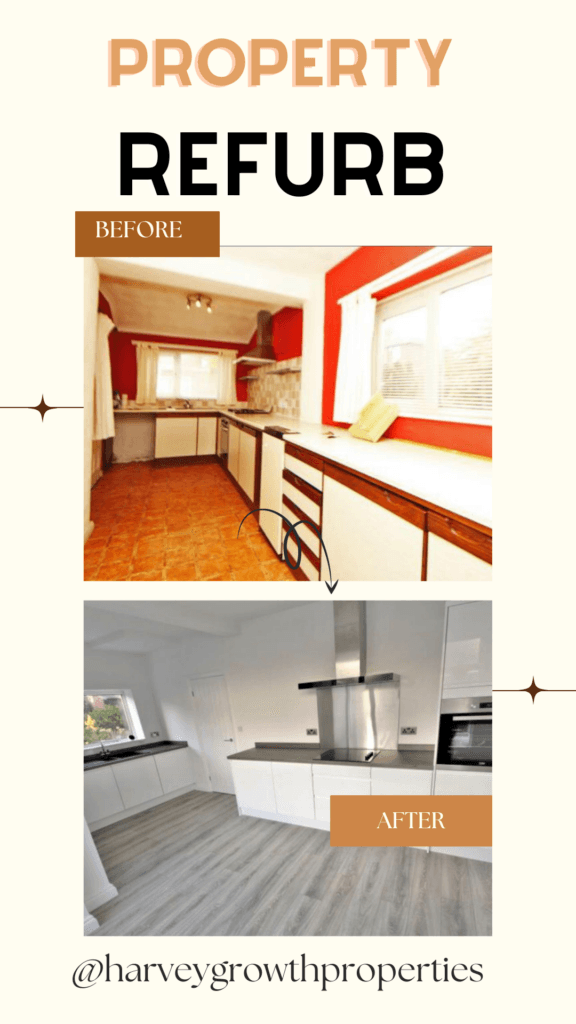 Harvey Growth Properties refurb story: a dated kitchen with red walls and an orange tiled floor, and the same room afterwards with white units, a stainless steel extractor and grey wood flooring