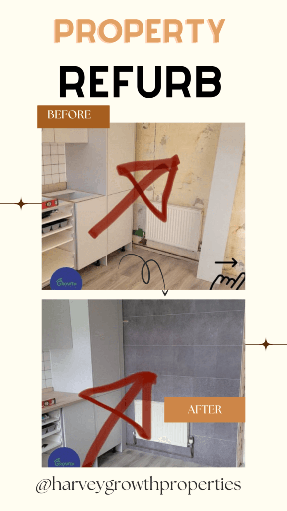 Refurb story: a kitchen corner with bare plaster and an exposed radiator, and the same corner afterwards tiled in grey with the radiator boxed against it