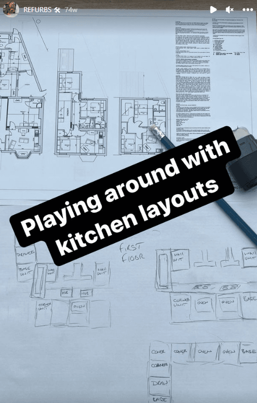 Instagram story showing hand-drawn kitchen unit layouts sketched over architect floor plans, captioned "Playing around with kitchen layouts"