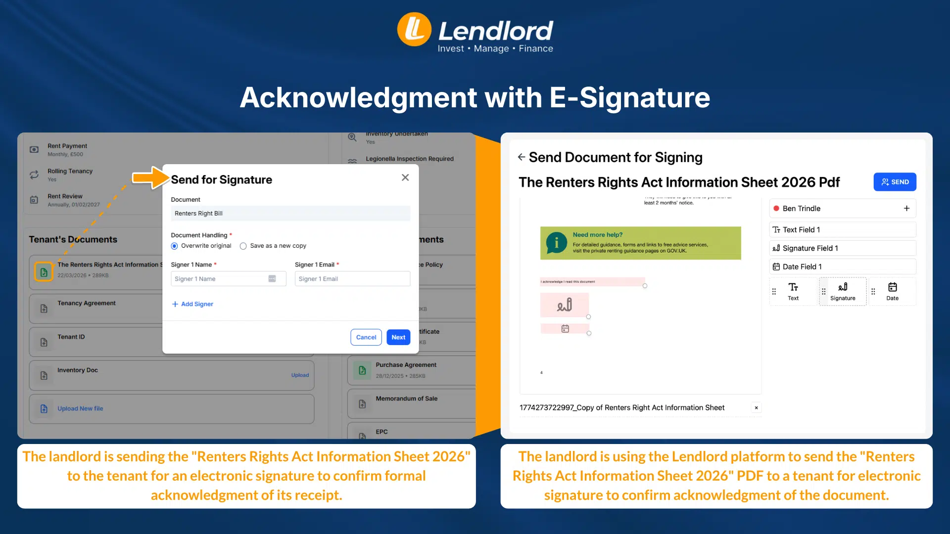 Tenant Acknowledgement Of Reciveing The Renters Rghts Act Information Sheet 2026 Via Lendlords E Signature Feature