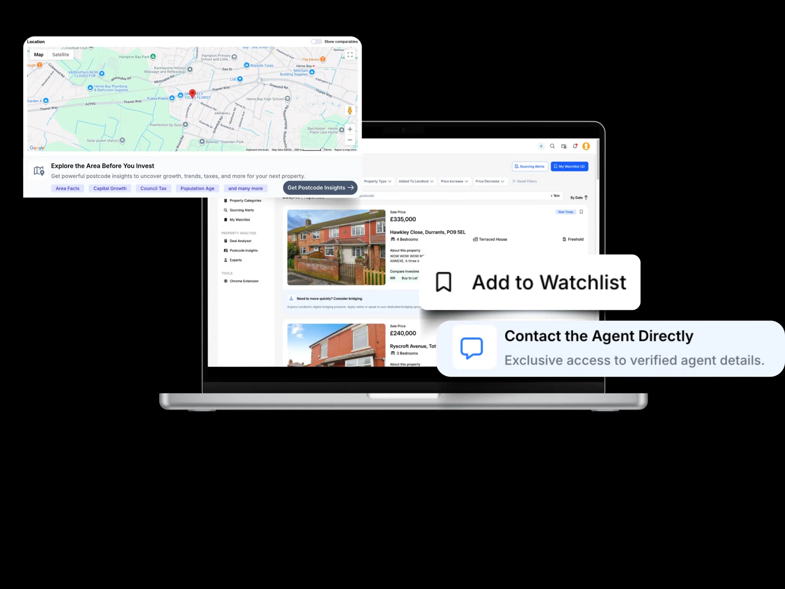 Lendlord sourcing dashboard with listings from Rightmove, Zoopla and OnTheMarket