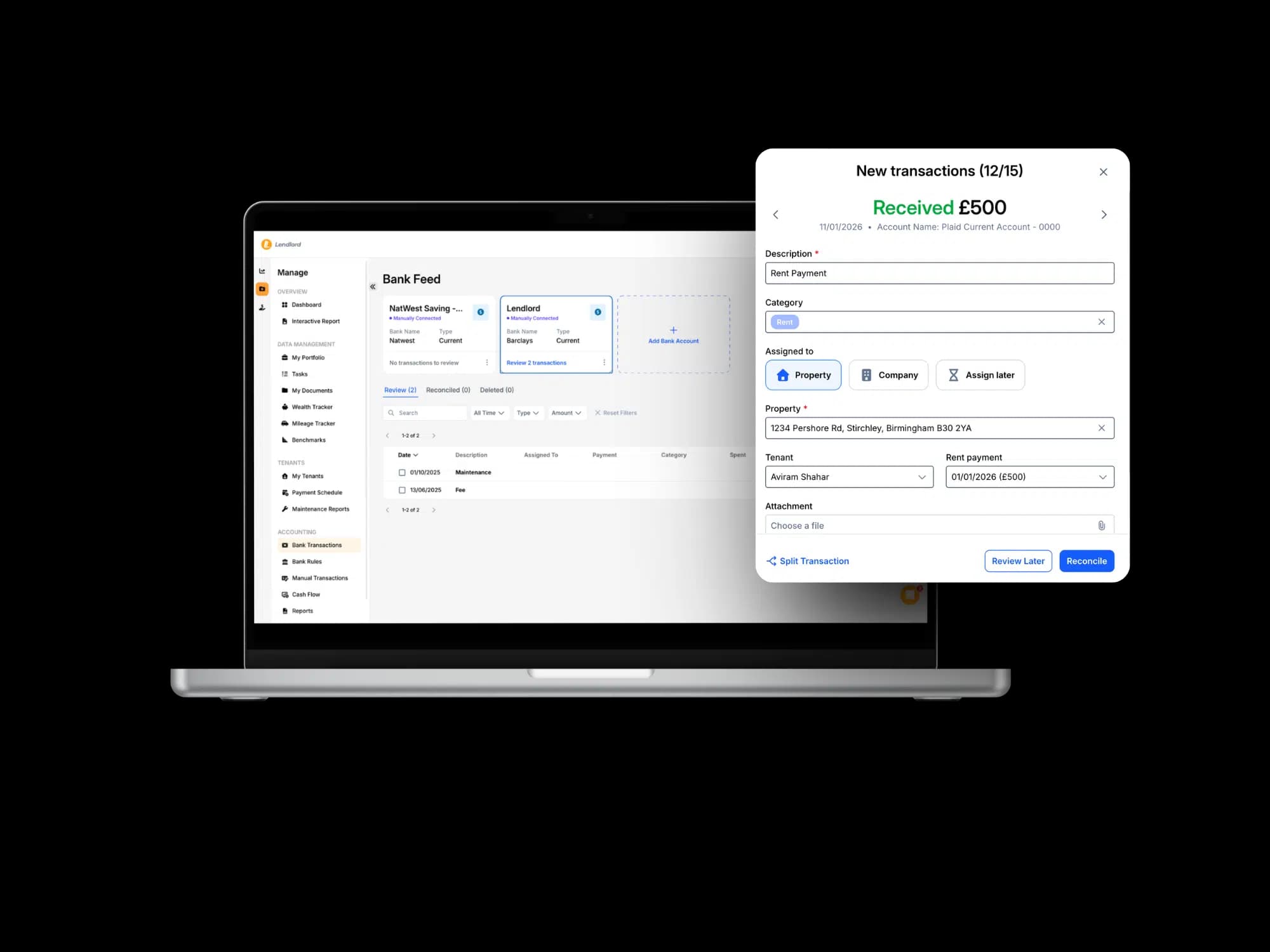 Lendlord open banking integration syncing bank transactions automatically