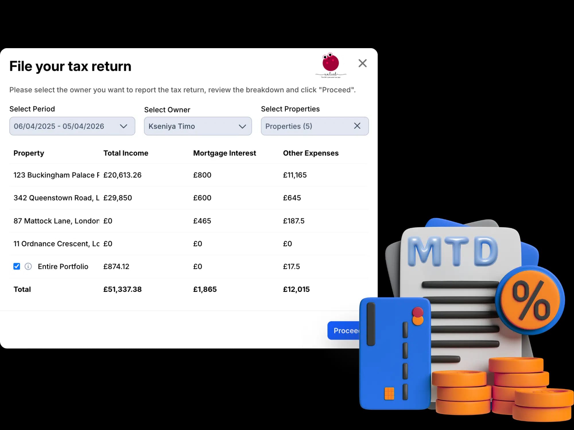 Lendlord tax filing view with live estimates and HMRC submissions