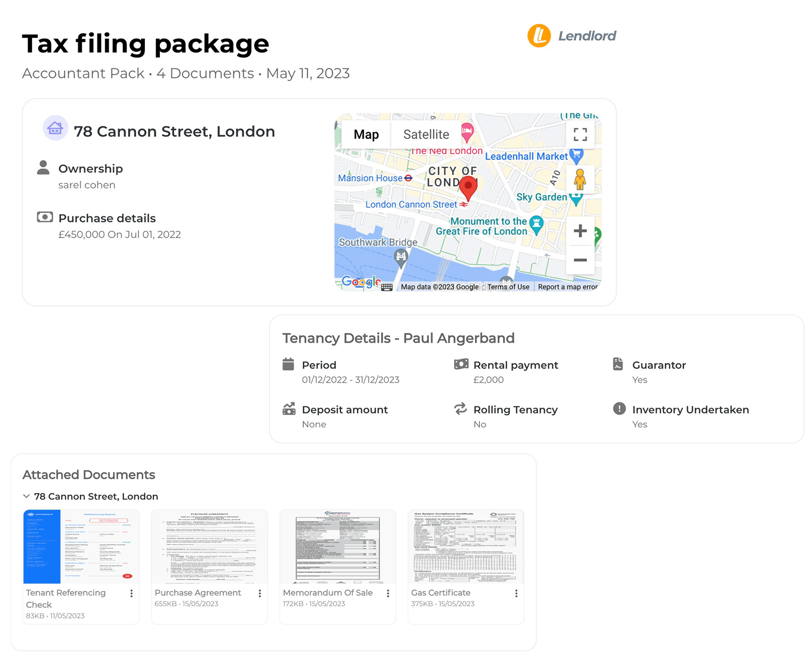Lendlord document packages shared with an accountant or stakeholders