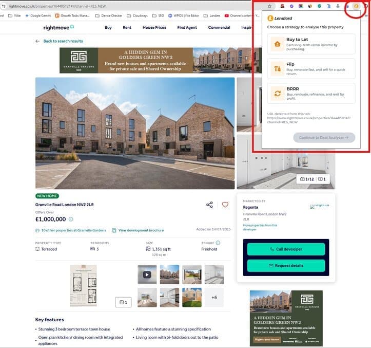 Rightmove with Lendlord Deal Analyser Chrom Extension