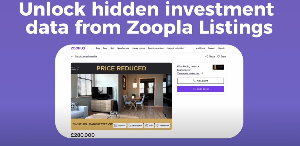A Zoopla property listing for a £280,000 Manchester flat with the Lendlord Deal Analyser showing a 6% yield on it